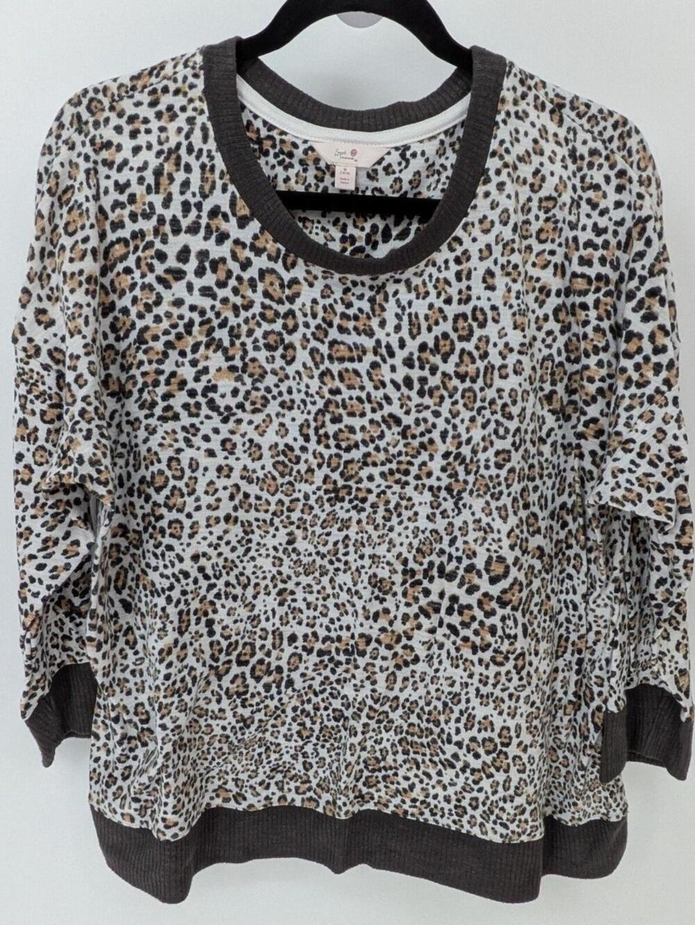 Secret Treasures XL Leopard Animal Print Crew Neck Brown Trim Soft Knit Top